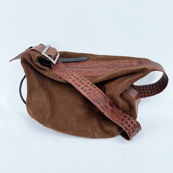 Daniella Lehavi Nevada Hobo Purse Suede Croc Shoulder Bag Suede Leather Camel - Picture 1 of 16